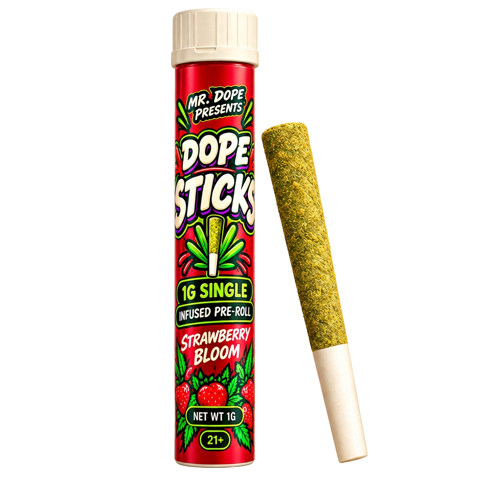 Dope Sticks Strawberry Bloom 1g infused pre-roll tube and pre-roll